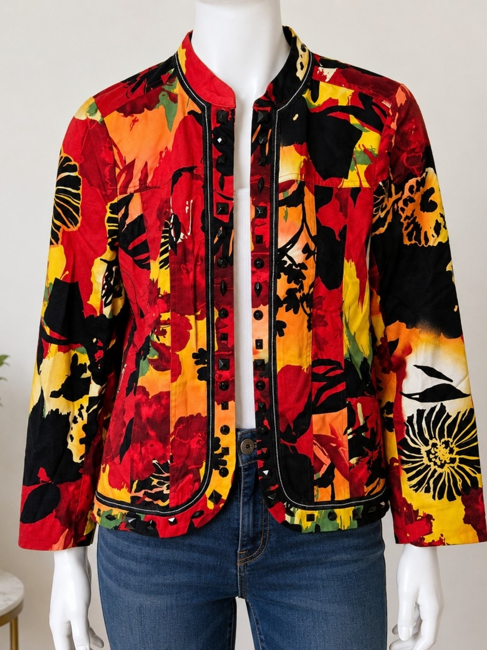 Birch Hill Womens M Floral Jacket Studded Art To Wear Cotton Blazer Colorful
